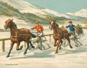 Løb historiske og moderne, travløb på is (chromolitho)