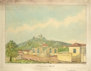 St Thomas-bjerget i Madras, ca. 1830 (farvet gravering) af William Hunsley