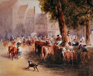 Tidlig morgen i landsbyens kvægmarked (akvarel på papir) af William Hunt