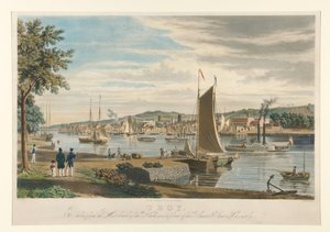 Troy. Optaget fra Hudsonflodens vestbred, foran De Forenede Staters arsenal. af William James Bennett