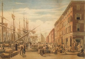 Udsigt over South Street, fra Maiden Lane, New York City, ca. 1827.