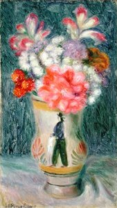 Blomster i en Quimper vase (olie på lærred) af William James Glackens