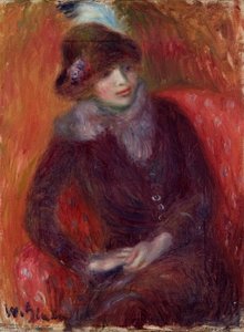 Siddende kvinde med pelshals og rød baggrund af William James Glackens