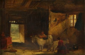 Et walisisk interiør med pige, der malker en ged (olie på panel) af William James Muller