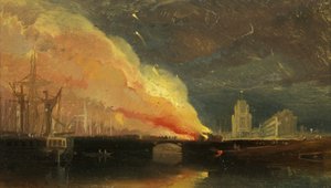 Bristol Riots: The Burning of the Tol-Houses on Prince Street Bridge med St Mary Redcliffe af William James Muller