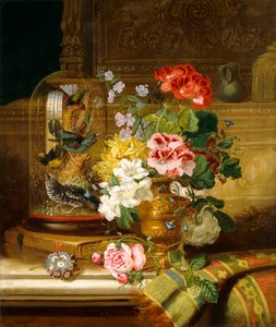 En vase med forskellige blomster og sangfugle på en afsats, 1867