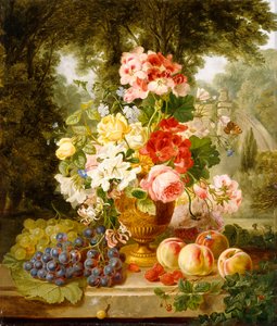 En vase med sommerblomster og frugt på en afsats i et landskab, 1867