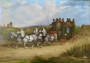 The London to Brighton Stage Coach trukket af et hold grå heste (olie på lærred) af William Joseph Shayer