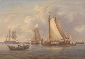 Hollandske fiskerbåde for anker i en flodmunding