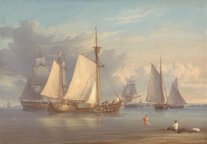 Hollandske fiskerbåde for anker i en flodmunding