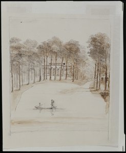 Fuglehus ved Chiswick; pool med et par i en båd, kvinden fisker (pen & brun vask over blyant på papir) af William Kent