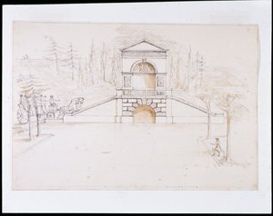 Chiswick, design til en pedimenteret kaskade kombineret med en vejbro for enden af kanalen (pen & blæk og vask på papir) af William Kent