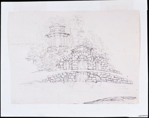 Chiswick, design til en rockword-kaskade med et ottekantet dorisk tempel på terrassen bagved (pen og blæk over blyant på papir) af William Kent