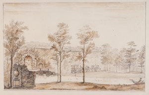 Chiswick, design til en rustik kaskade og bro sat mod terrassen (pen & blæk og vask over blyant på papir) af William Kent