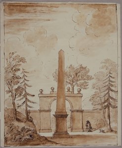 Chiswick, udsigt over Burlington Lane Gate, obelisken i forgrunden og Kent med hund (pen og blæk og vask på papir) af William Kent