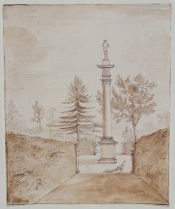 Chiswick, udsigt over den doriske søjle med Venus de Medici-statuen og et glimt af siden af hjortehuset (pen og blæk på papir)
