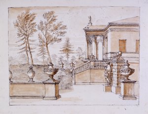 Chiswick, udsigt over villaen på Inigo Jones statue side (pen & blæk og vask over blyant på papir) af William Kent