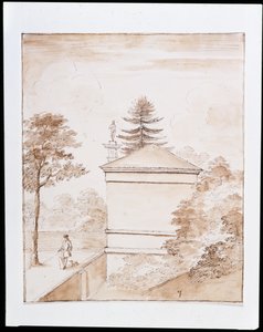 Chiswick, udsigt over siden af Deer House taget fra den indre dæmning af ha-ha af hjorteindhegningen og med et glimt af den doriske søjle (pen og vask på papir) af William Kent
