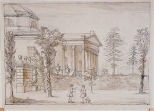 Chiswick, udsigt over villaen fra Palladio-statuens side (pen & blæk og vask over blyant på papir) af William Kent