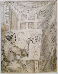 Lady Burlington ved sit staffeli i sit haveværelse (pen & blæk og blyant på papir) af William Kent