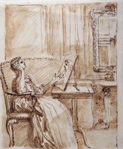 Lady Burlington sidder i sit haveværelse og beundrer en gammel mester (?) tegning (pen og blæk på papir) af William Kent