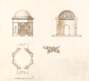 Ottekantet tempel i Shotover Park, Oxfordshire: Plan, snit og elevation af William Kent