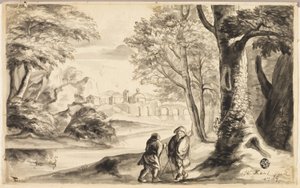 To rejsende under træ med landsby og bro i afstand af William Kent