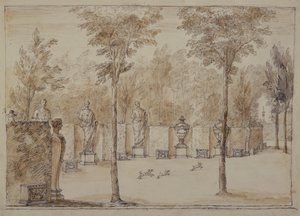Udsigt til Exedra ved Chiswick (pen og blæk med brun vask på papir) af William Kent