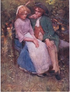 Tjørnbusken, med sæder under skyggen, til tale alder og hviskende elskere lavet! (farve litho)