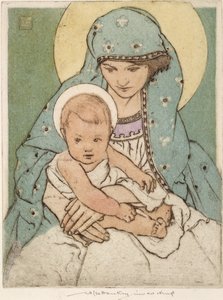 Jomfru Maria med Kristusbarnet (håndfarvet tørnål) af William Lee Hankey