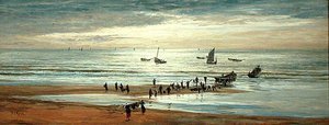 Strandscene på Frankrigs nordkyst (olie på lærred) af William Lionel Wyllie