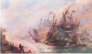 Blakes tre dages engagement med Von Tromp, fra Cassells History of the British People udgivet af Waverley Book Company Limited, ca. 1940