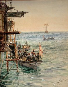 Eclipse Party forlader H.M.S. Theseus, Santa Pola (akvarel på papir) af William Lionel Wyllie
