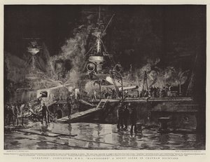 Overtid, færdiggørelse af HMS Magnificent, en natscene på Chatham Dockyard