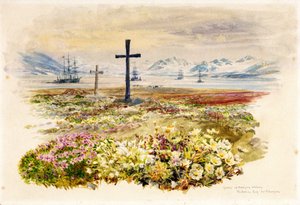 Search Bay (Research Bay, Tasmanien, Australien), to kors plantet i blomsterbede med skibe i det fjerne. Akvarel af William Lionel Wyllie