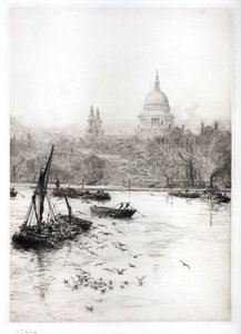 Skibsfart og måger under St Pauls (akvarel) af William Lionel Wyllie