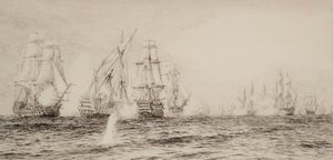Skibe, fire mastede, gik i kamp af William Lionel Wyllie