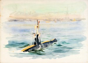 Studie af en A-klasse ubåd undervejs, muligvis i Portsmouth havn, begyndelsen af det 20. århundrede (akvarel, grafit) af William Lionel Wyllie