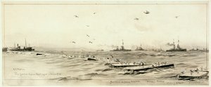 Den tyske højsøflåde i bur i Scapa, ca. 1918 (wash, grå, fremhævet med hvid) af William Lionel Wyllie