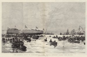 Dronningens besøg i Portsmouth, HMS Royal Arthur går i vandet af William Lionel Wyllie