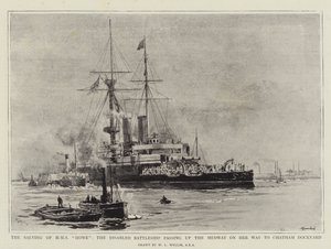 Frelsen af HMS Howe, det handicappede slagskib, der passerer op ad Medway på vej til Chatham Dockyard af William Lionel Wyllie