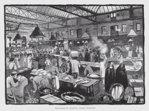 Billingsgate Market, tidlig morgen (litho) af William Luker