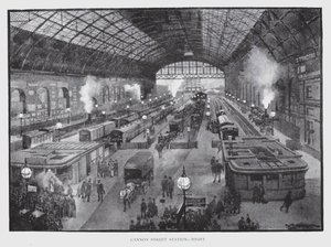 Cannon Street Station, nat (litho) af William Luker