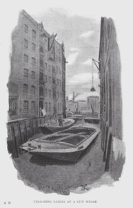 Lossning af pramme ved en bykaj (litho) af William Luker