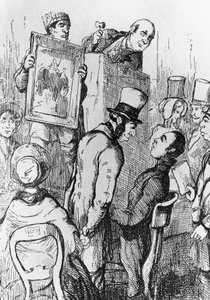Elephant for Sale, illustration til det 17. kapitel af Vanity Fair, roman af William Makepeace Thackeray (1811-1863), gravering efter tegning af William Makepeace Thackeray (1811-1863), udgivet i Chicago i 1882