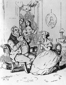 Mr. Joseph Sedley viklet ind af Becky Sharp, illustration til 1. kapitel af Vanity Fair, roman af William Makepeace Thackeray (1811-1863), gravering efter tegning af William Makepeace Thackeray (1811-1863), udgivet i Chicago i 1882