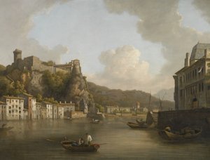 Fransk: Une vue du château de Pierre-Scize à Lyon En udsigt over Pierre Encise-slottet ved Rhône, Lyon af William Marlow