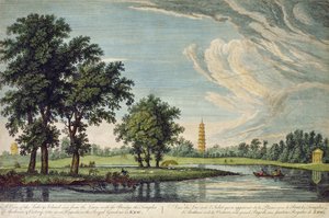 Kew, en udsigt over søen og øen set fra græsplænen, med broen, templerne Arethusa og Victory og den store pagode i den kongelige have i Kew af William Marlow