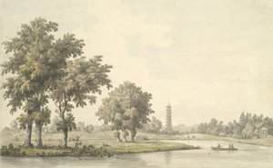 Udsigt over søen og øen fra græsplænen ved Kew, 1763. af William Marlow