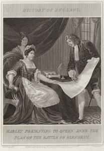 Harley præsenterer for dronning Anne planen for slaget ved Blenheim af William Marshall Craig